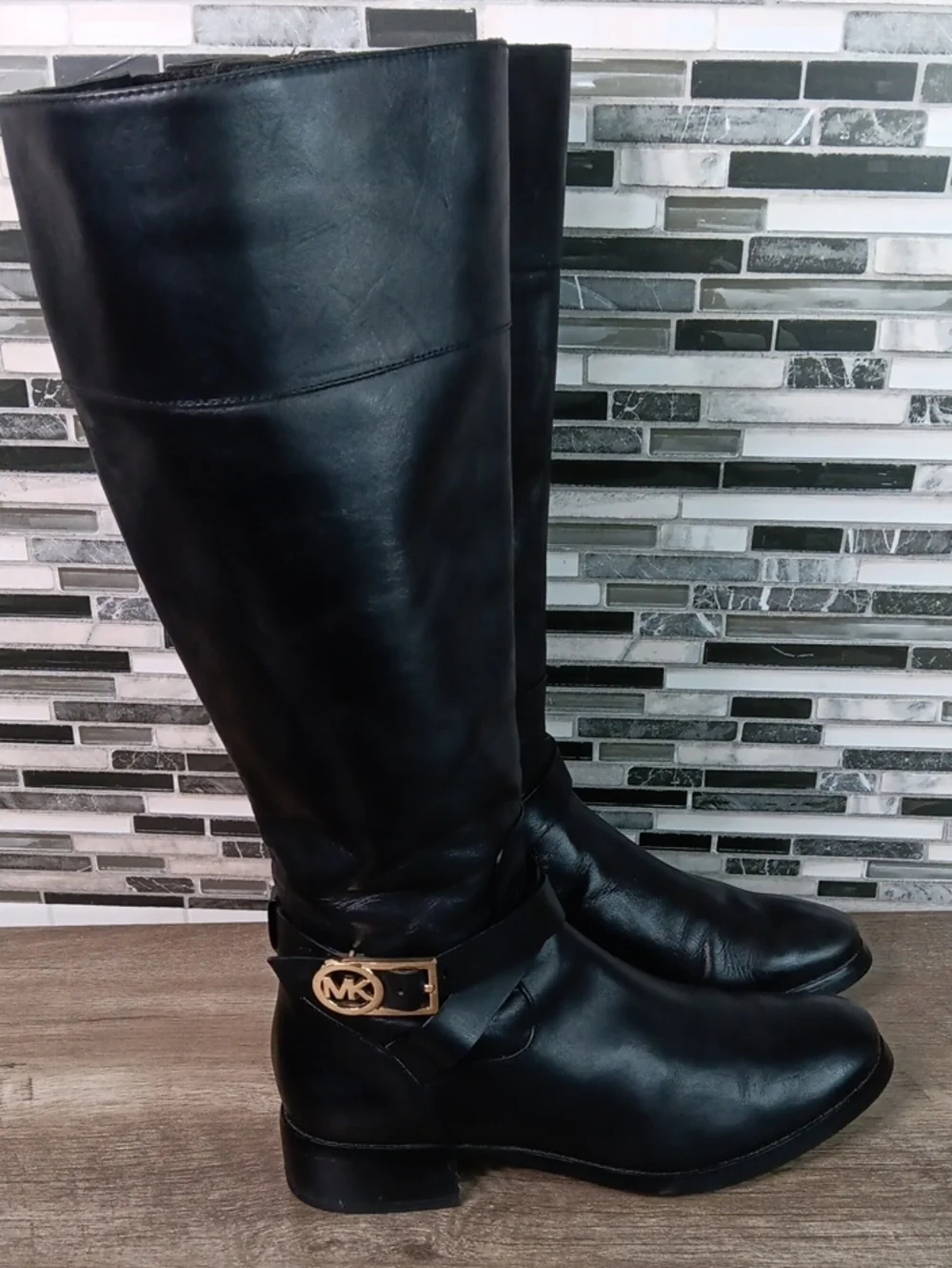 MK Black Leather Womens 8M Tall Riding Winter Boots